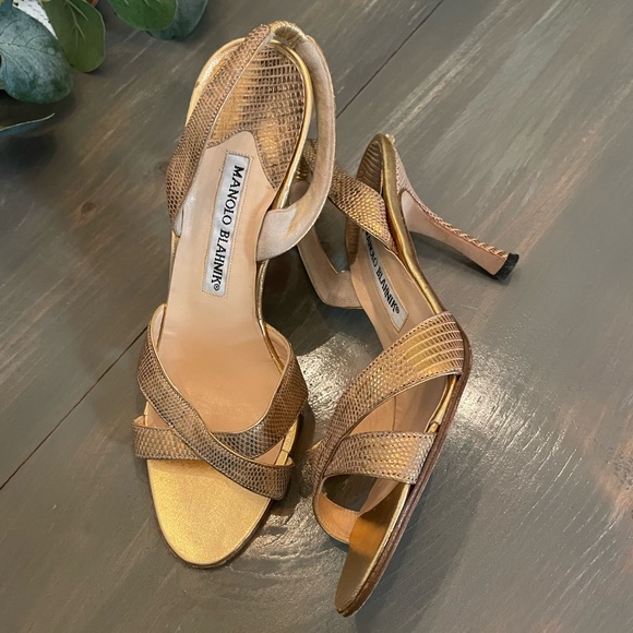 Manolo Blahnik Gold Vintage Reptile Strappy Heel GUC 36.5/6 - Picture 2 of 6